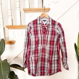 Tommy Hilfiger Red Plaid Cotton Popover Shirt Long Sleeves Partial Button Sz 6